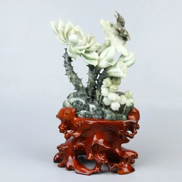 Chinese Exquisite Hand-carved Dushan jade Lotus and waterfowl statue