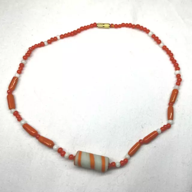 Necklace Vintage Orange and White Glass Bead 15" Tribal, Ethnic, Surfer B12