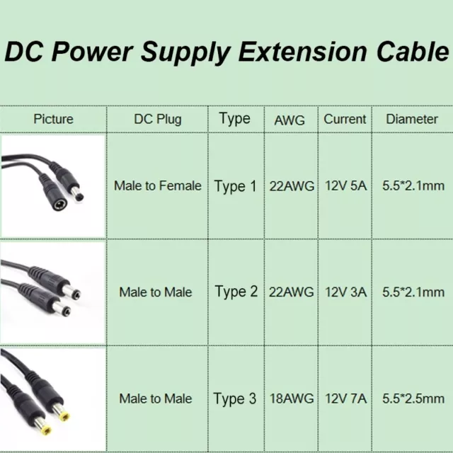 Cable de alimentación de 12 V CC 5,5 MM 2,1 mm macho a macho hembra cable adaptador para cámara CCTV