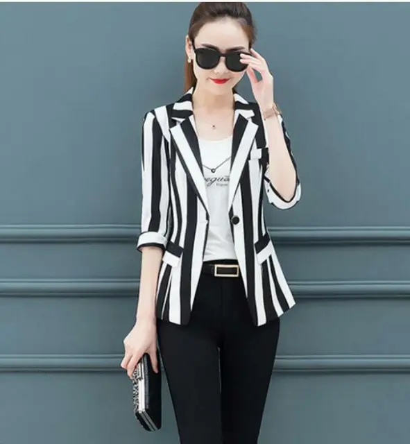 New Chic Women Black White Striped Suit Tops Slim OL Button Blazer Jackets Coat