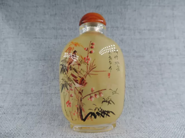 Chinese Handmade Inside Painted Bird Pattern Glass Snuff Bottle