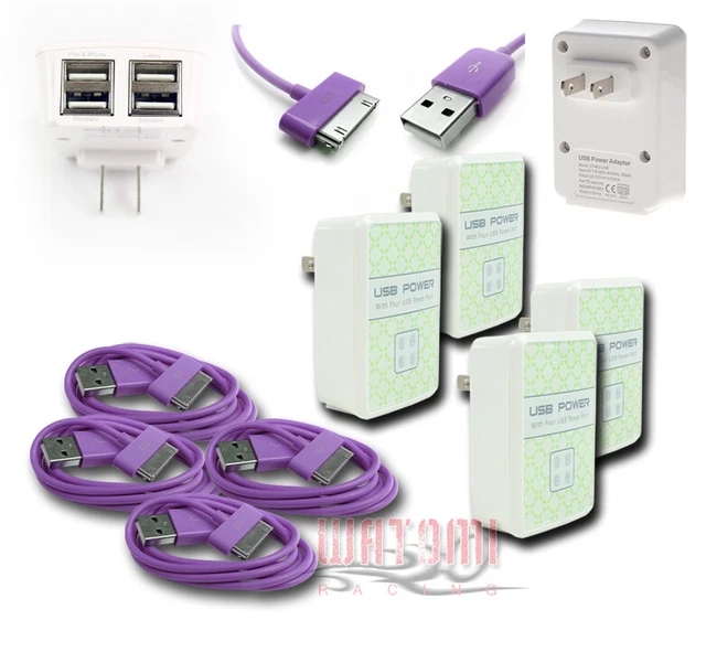 4X 4 Usb Port Wall Adapter+3Ft Cable Power Charger Purple For Iphone Ipod Ipad