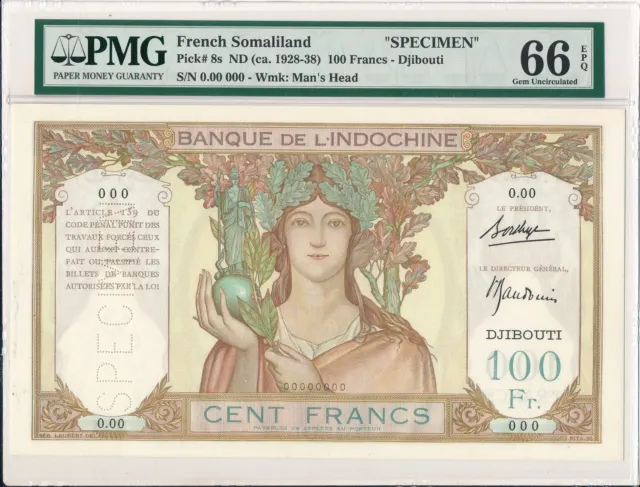 Banque de l'Indochine French Somaliland  100 Francs 1928-38 Sp. PMG  66EPQ