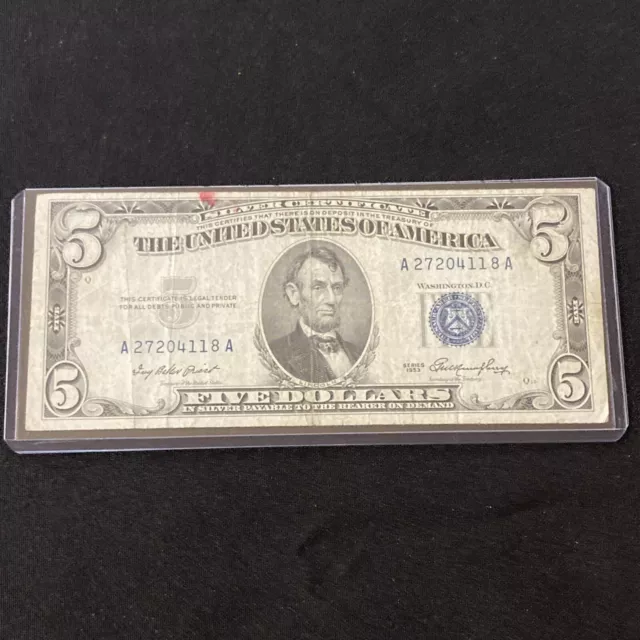 Vintage Silver Certificate $5 Note 1953 Five Dollar Bill Vg  $5.00 Blue Seal