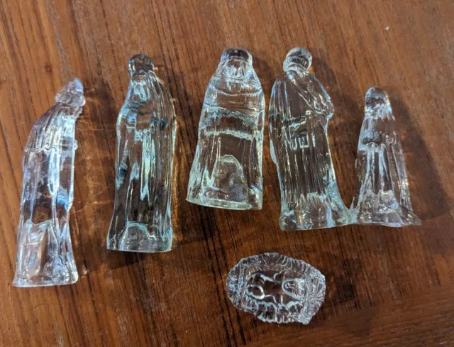 Pretty Miniature Small Clear Glass Nativity Set Mary, Joseph, Jesus, 3 Kings 4"