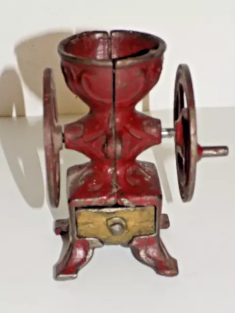 Vintage Miniature Red Cast Iron Coffee Grinder Mill with Drawer  ***