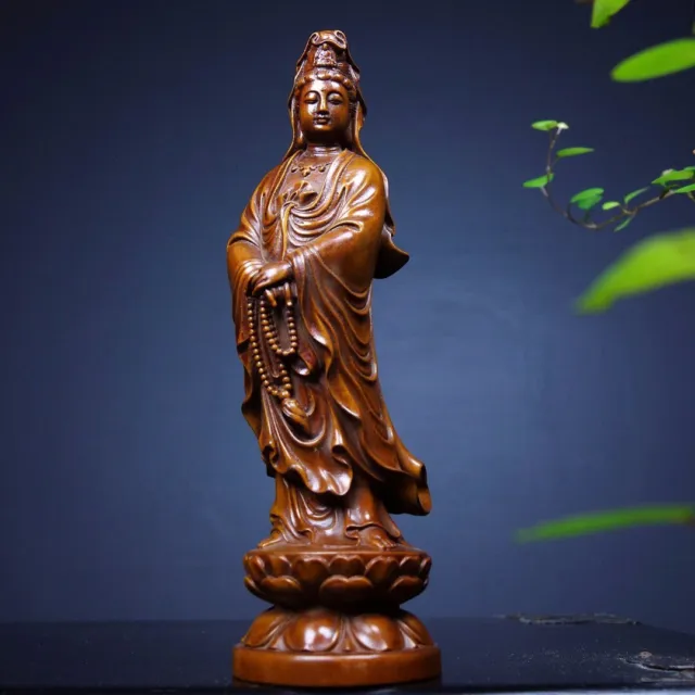 Chinese Natural Boxwood Hand carved Exquisite Guanyin Statue 6307