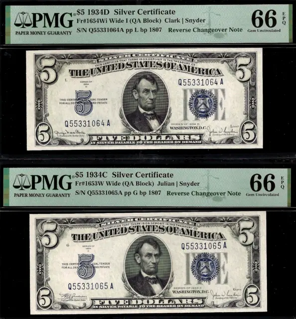 1934A $5 Silver Certificate PMG 64 Changeover Fr 1651 Fr 1934A Mule None Mule
