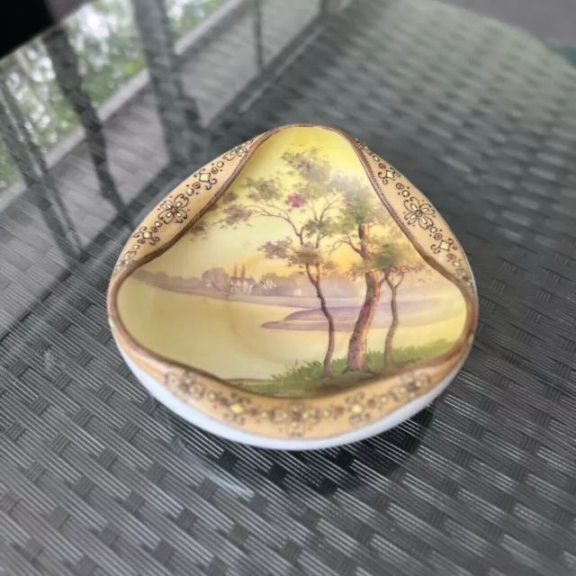 Vintage Hand-Painted Nippon Dish with Raised Enamel Trim. Landscape Scene 7”