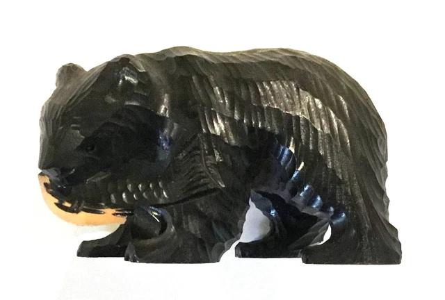 Antique Wood Black Bear Carving With Fish Ainu Hokkaido Japan 4"