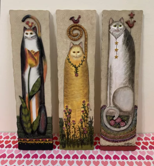 Cat Folk Art Tile Hanging Wall Plaques Artist Signed E Smithson 3D Set of 3