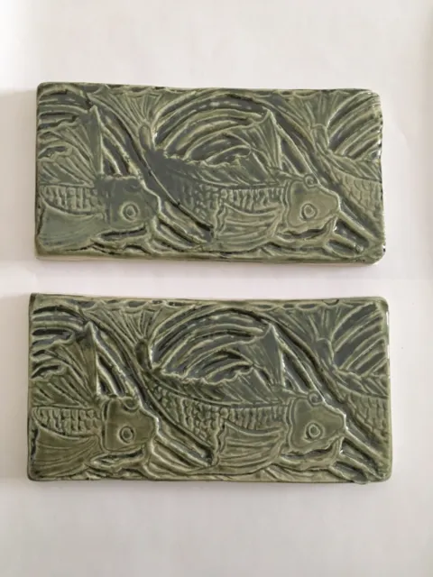 2 Fish Hand Made Porcelain Art Tile Rivet Textured Backsplash Green Glaze 6 X 3”