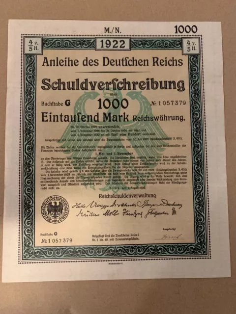 GERMANY Reich 1922 Berlin German Treasury Bond 10000 Mark Uncancelled cupons