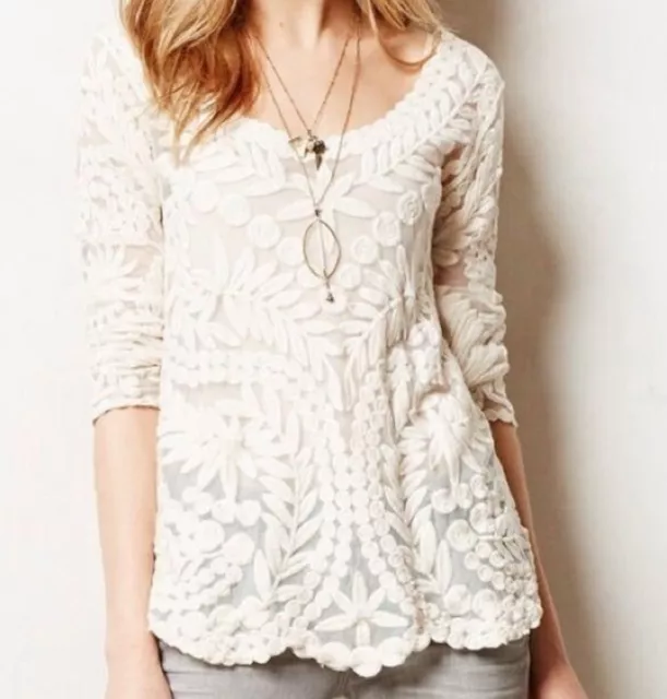 Anthropologie Meadow Rue Gracie Blouse Top Small Ivory Sheer Embroidered Lace