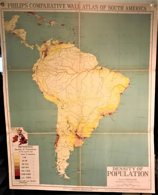 Original 1921 Philips' Comparative WALL Atlas ~ SOUTH AMERICA ~ POPULATION  Map