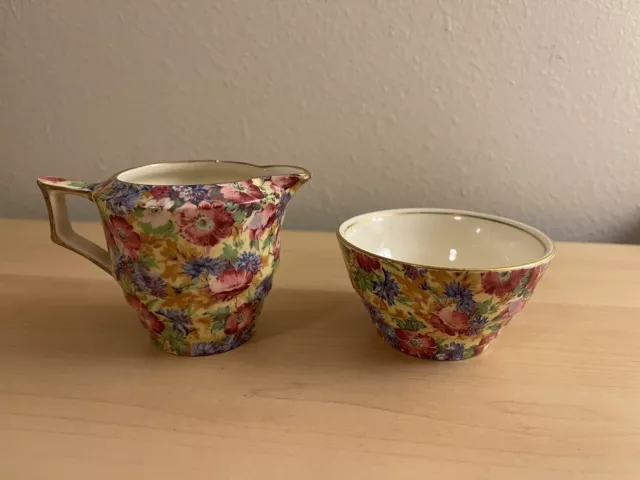 Vtg Royal Winton Grimwades England Chintz  Round Open Sugar & Creamer