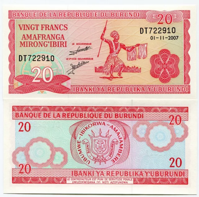 Burundi 20 Francs 2007 Billets Unc X 10 Pièces Lot P27d5 Papier Monnaie 2