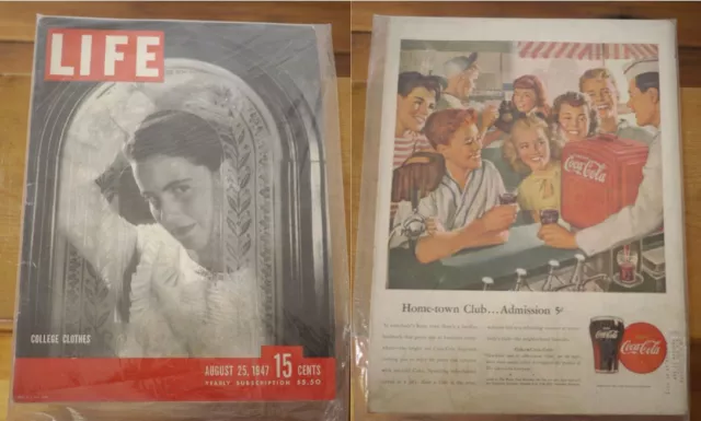 Vintage LIFE Magazine August 25 1947 - College Clothes, Coca Cola Coke Ad