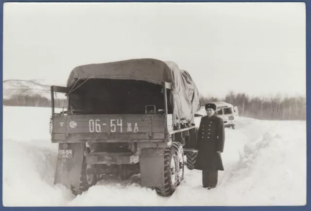 Handsome Military Guy near a truck in the snow Soviet Vintage Photo USSR