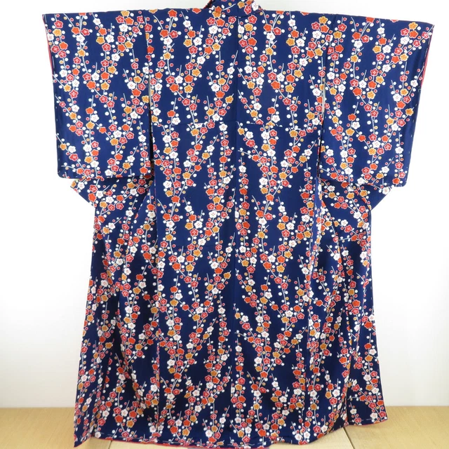 Komon kimono Silk Chirimen Plum pattern Navy 63.8inch Women's