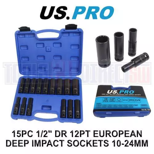 US PRO Tools 15 piezas 1/2" DR 12 PT conjunto europeo de enchufes de impacto profundo 10 mm-24 mm 7535