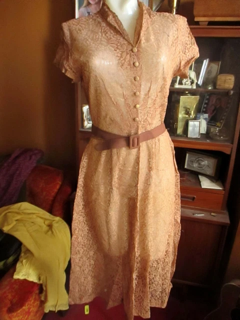sz 6 True Vtg 30s 40s Handmade Brown Mesh/:ace See Through Belted Swing Dress