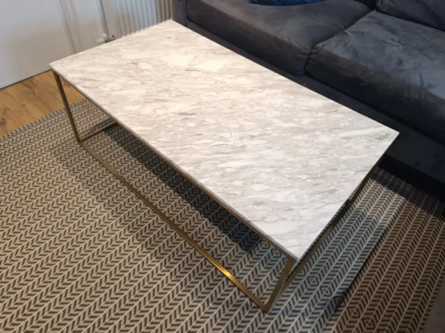 White Marble and Gold Metal Contemporary Rectangular Coffee Table with "DAMAGE"