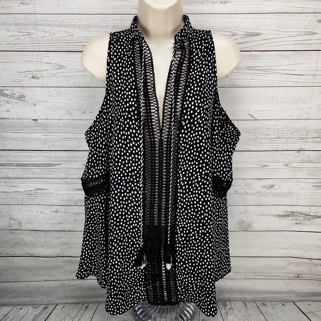 Atina Christina Black White Polka Dot Cold Shoulder Top Women's L