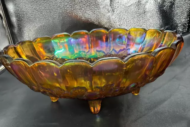 VTG Indiana Iridescent Carnival Glass Fruit Bowl Oval Harvest Grape Amber Footed