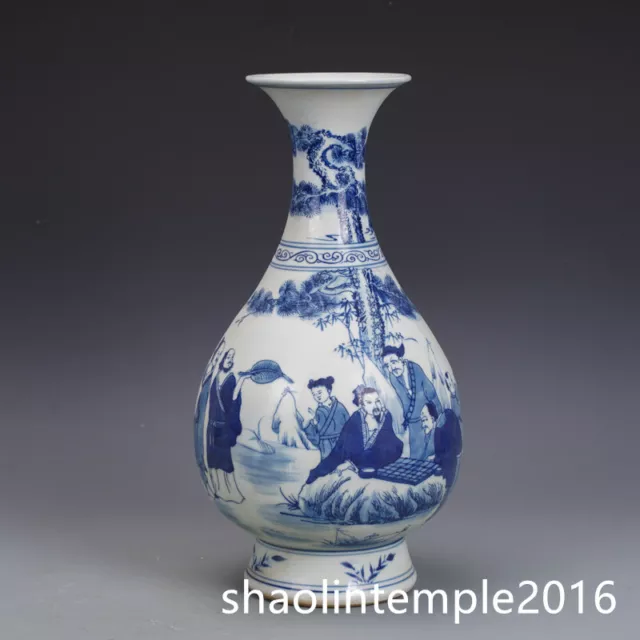 15" old China antique the Qing dynasty Kangxi Blue white Story characters bottle