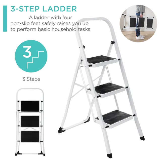 Folding 3 Step Ladder Steel Portable Steps Stool 150KG Max Load Non-slip Feet UK