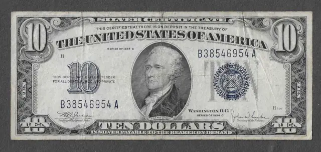 FR. 1704 Ten Dollars ($10) Series of 1934C Blue Seal Silver Certificate