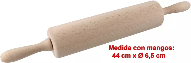 Rodillo de Cocina amasar repostería madera de haya natural,44xØ6,5cm con mangos