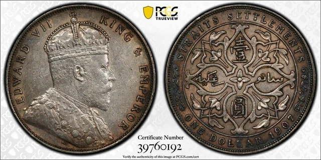 Straits Settlements, 1907 Edward VII Dollar. PCGS AU 50. 6,842,000 Mintage. Straits Settlements, 1907 Edward VII Dollar. PCGS AU 50. 6,842,000 Mintage.