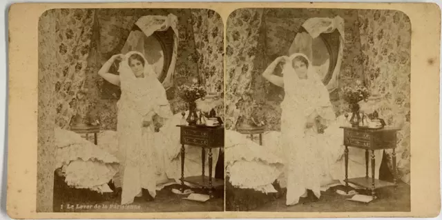 Belgique, Scène de genre, Le lever de la Parisienne, circa 1890, Stéréo Tirage v