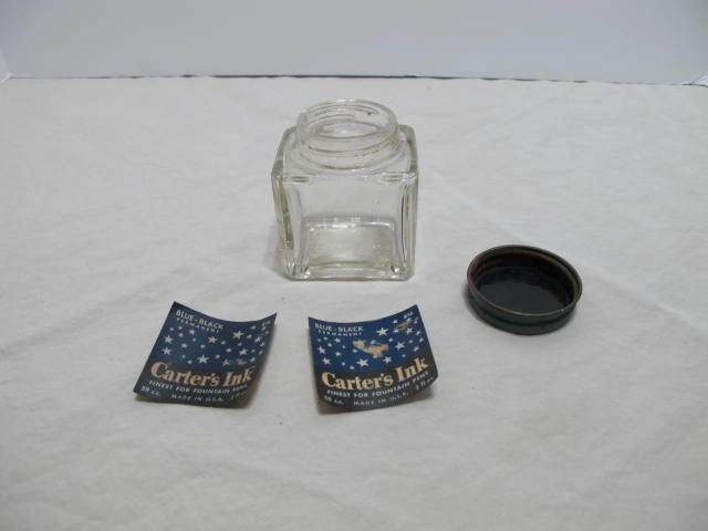VTG Carters Ink Fountain Pen Glass Jar Blue Blk #816 Empty w Labels 2oz Size