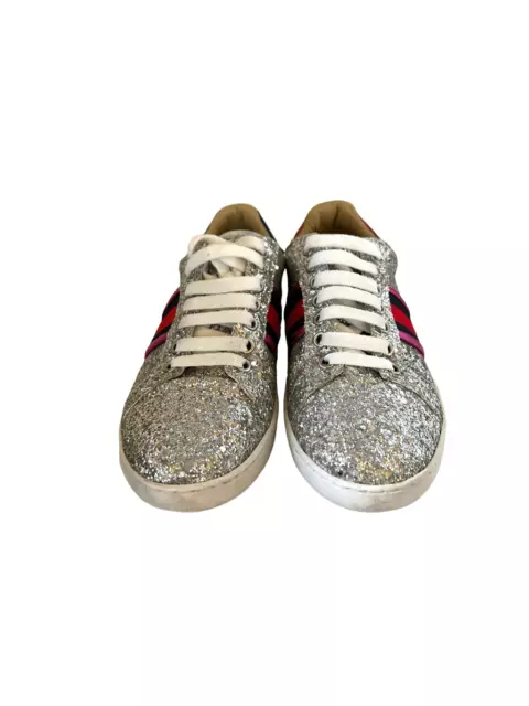 Gucci Ace Lace-Up Low Top Glitter Sneaker Womens Silver Size 39 2