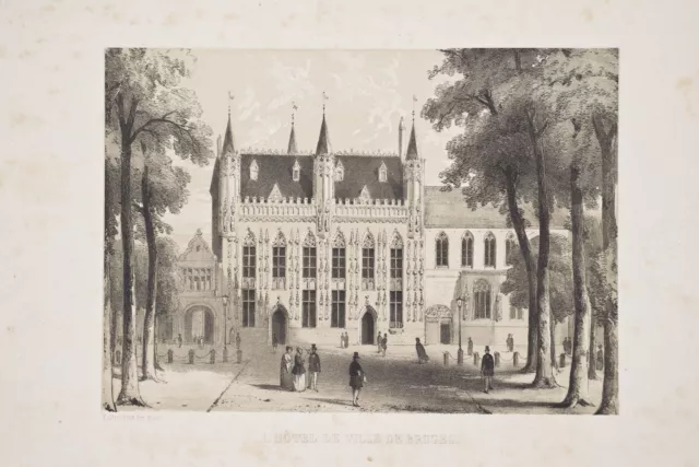 François STROOBANT Hôtel de Ville BRUGES Belgique Litho ancienne XIX° 