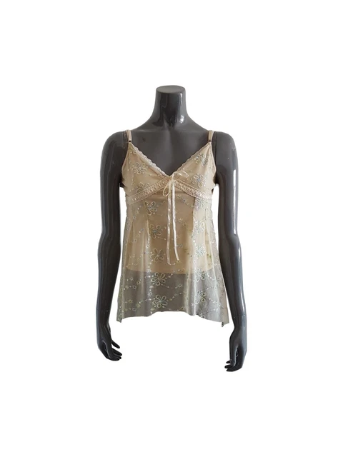 Canotta beige con spalline ricamata