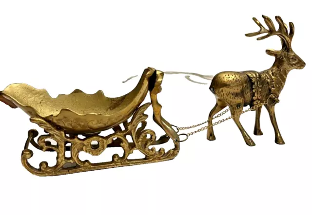 Vintage Solid Brass Santa Sleigh Reindeer Christmas Made in India