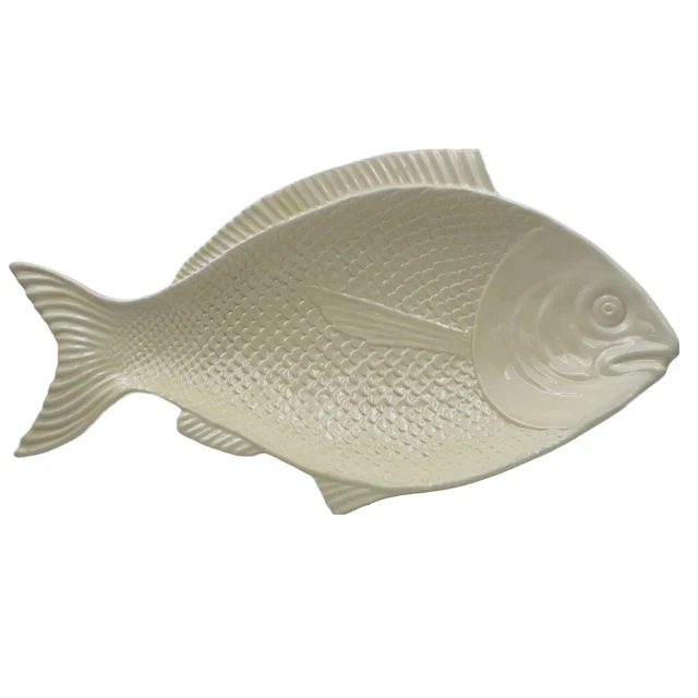 Hand-Painted Ceramic Ivory White Fish Platter, Portuguese Ceramic Platter