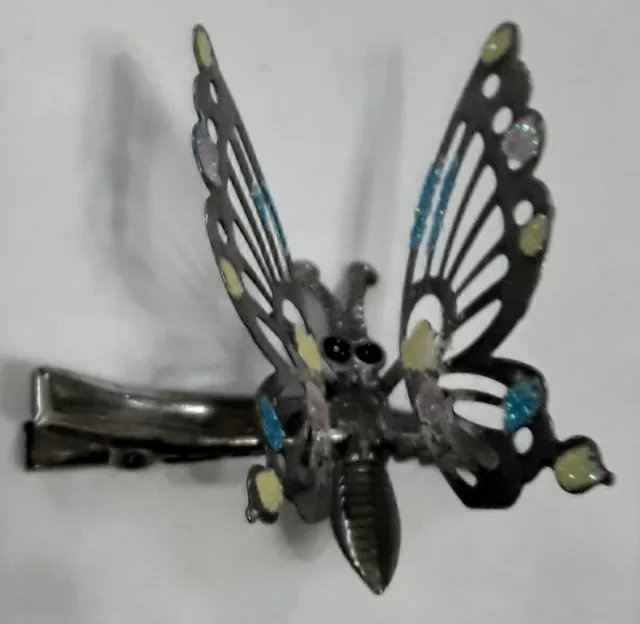 Vintage * Metal Butterfly Hair Clip Moveable Wings Metal Silver-tone