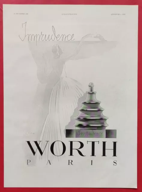 Publicité de presse Parfum Imprudence de WORTH Paris ill R B SIBIA Décembre 1939