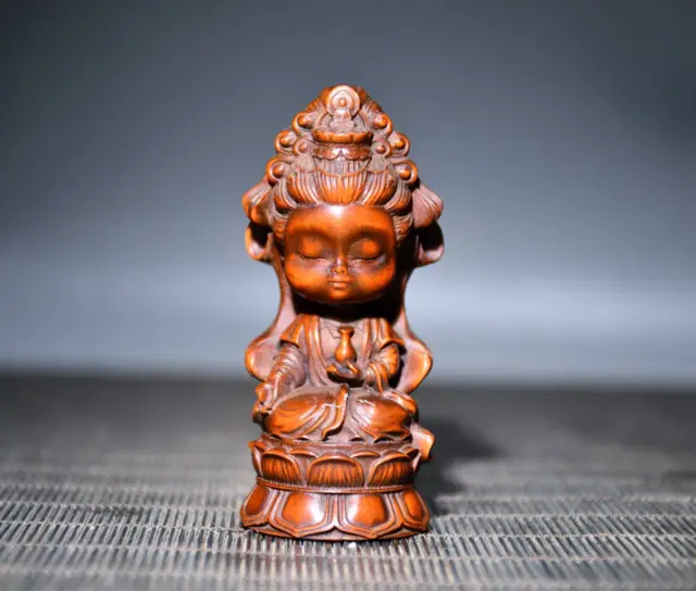 Chinese Natural Boxwood Handcarved Exquisite Lotus Guanyin Statue 17386