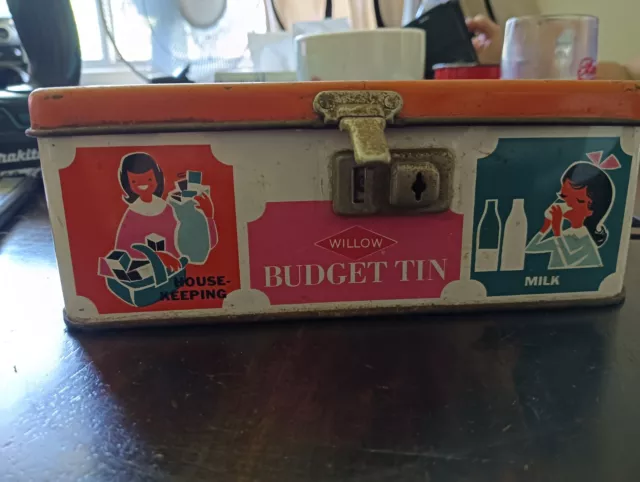 Australian Willow Budget Tin, Vintage 70s House Keeping Money Box, Savings Tin.