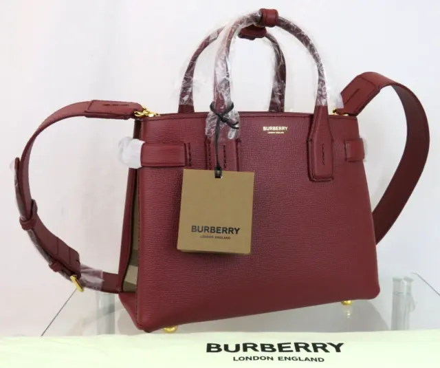 $1650 Burberry Sm Banner Crimson Leather Check Canvas Shoulder Small Tote Bag