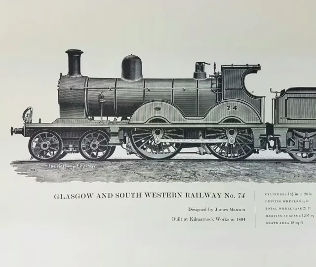 Glasgow And South Western Railway No 74 Train Locomotive B & W Print 17" x 10"