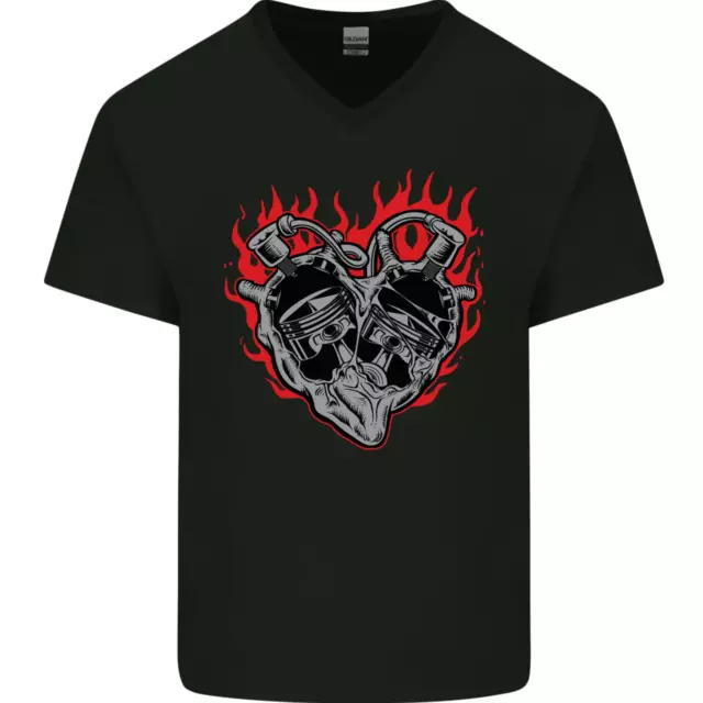 Biker Heart Motorbike Motorcycle Mens V-Neck Cotton T-Shirt