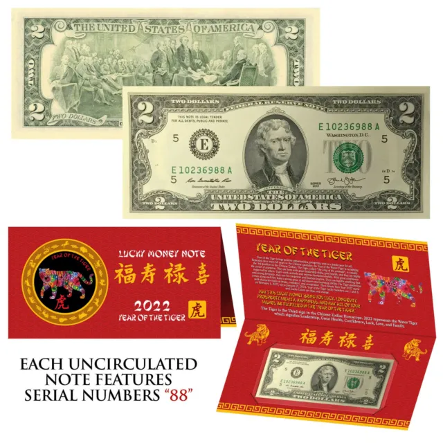 2022 CNY Chinese YEAR of the TIGER Lucky Money US $2 Bill w/ Red Folder - S/N 88