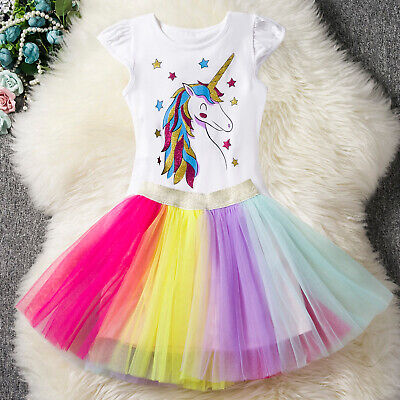 2PC Childrens Girls Kids Unicorn Top T-shirt Tutu Skirt Outfit Dress Set ZG9